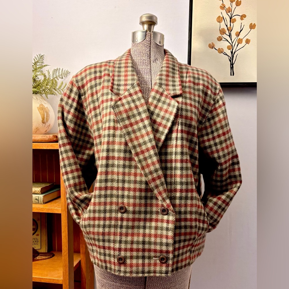 Women’s Vintage Wool Crop Boxy Checked Blazer Double Breasted Jacket Medium